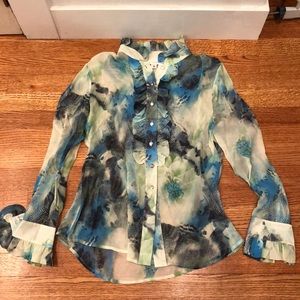 St John sheer ruffle placket blouse